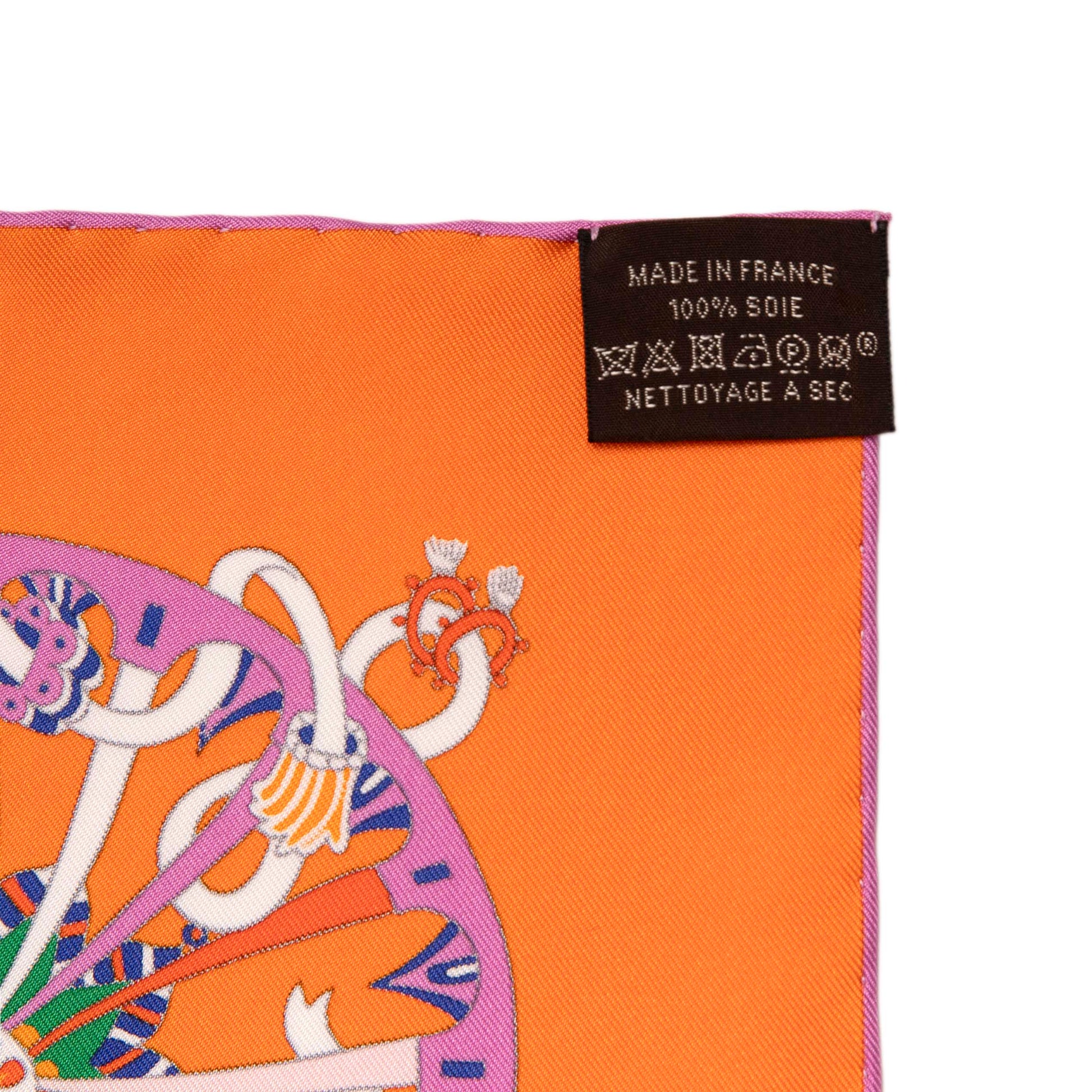 Exclusive Hermes Orange La Folle Parade Silk Scarf 90 — Top View