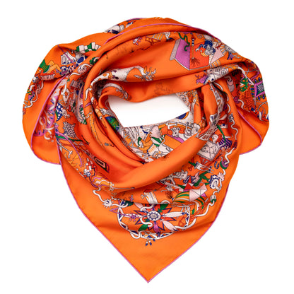 Exclusive Hermes Orange La Folle Parade Silk Scarf 90 — Front View