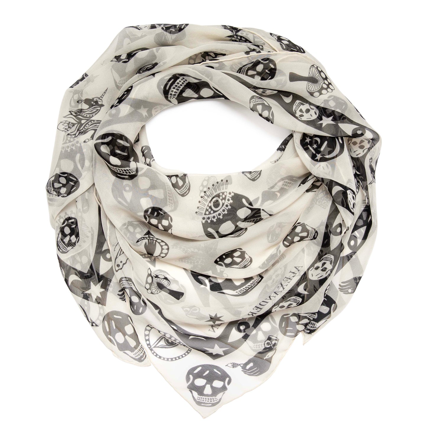 Exclusive Alexander McQueen Ivory Black Silk Skull Scarf — Front View