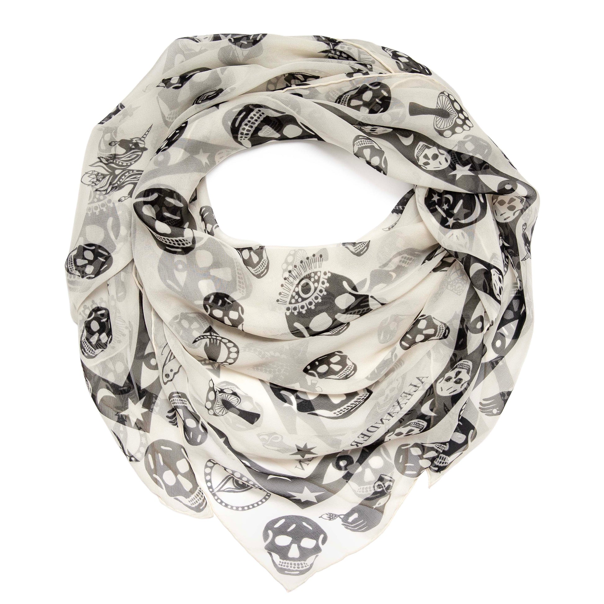 Exclusive Alexander McQueen Ivory Black Silk Skull Scarf — Front View