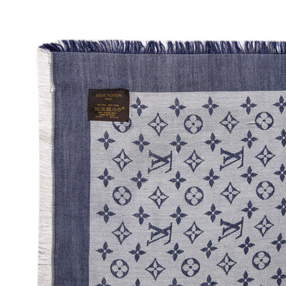Exclusive Louis Vuitton Blue Silk Wool Monogram Denim Shawl — Detail View
