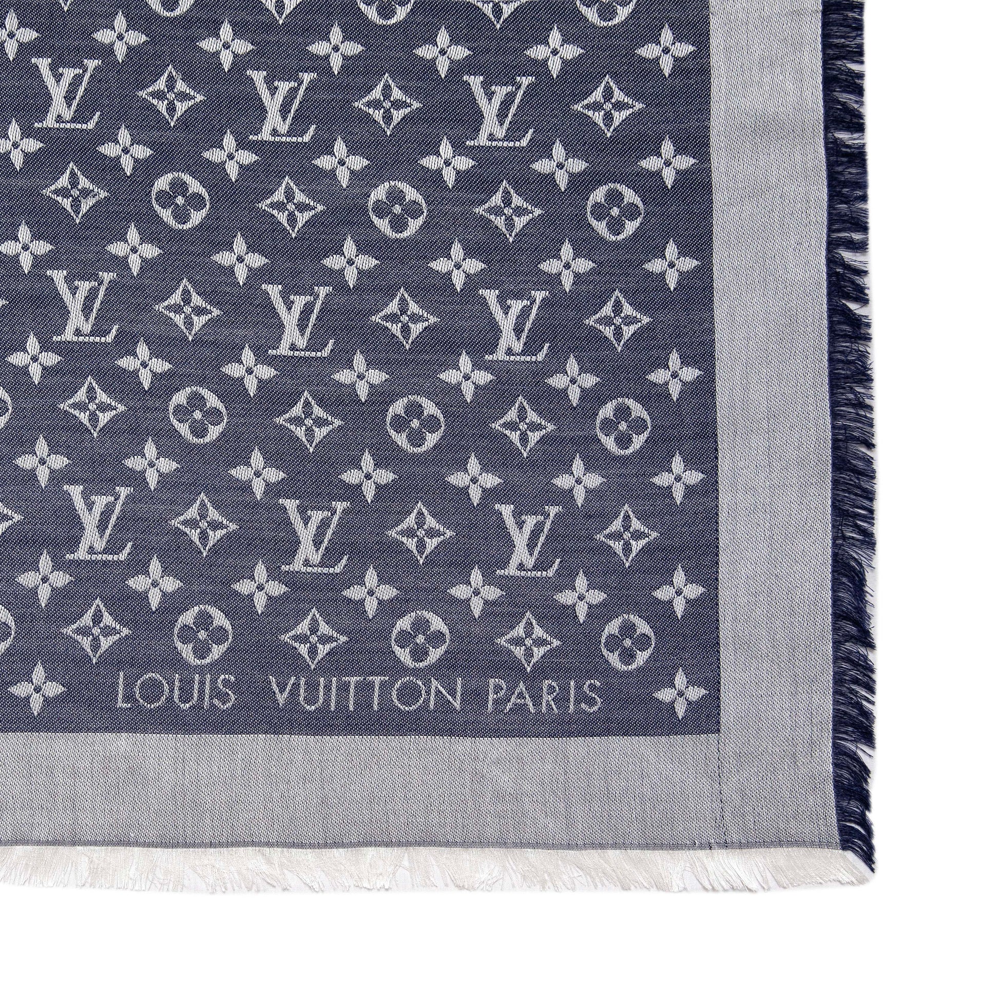 Exclusive Louis Vuitton Blue Silk Wool Monogram Denim Shawl — Top View