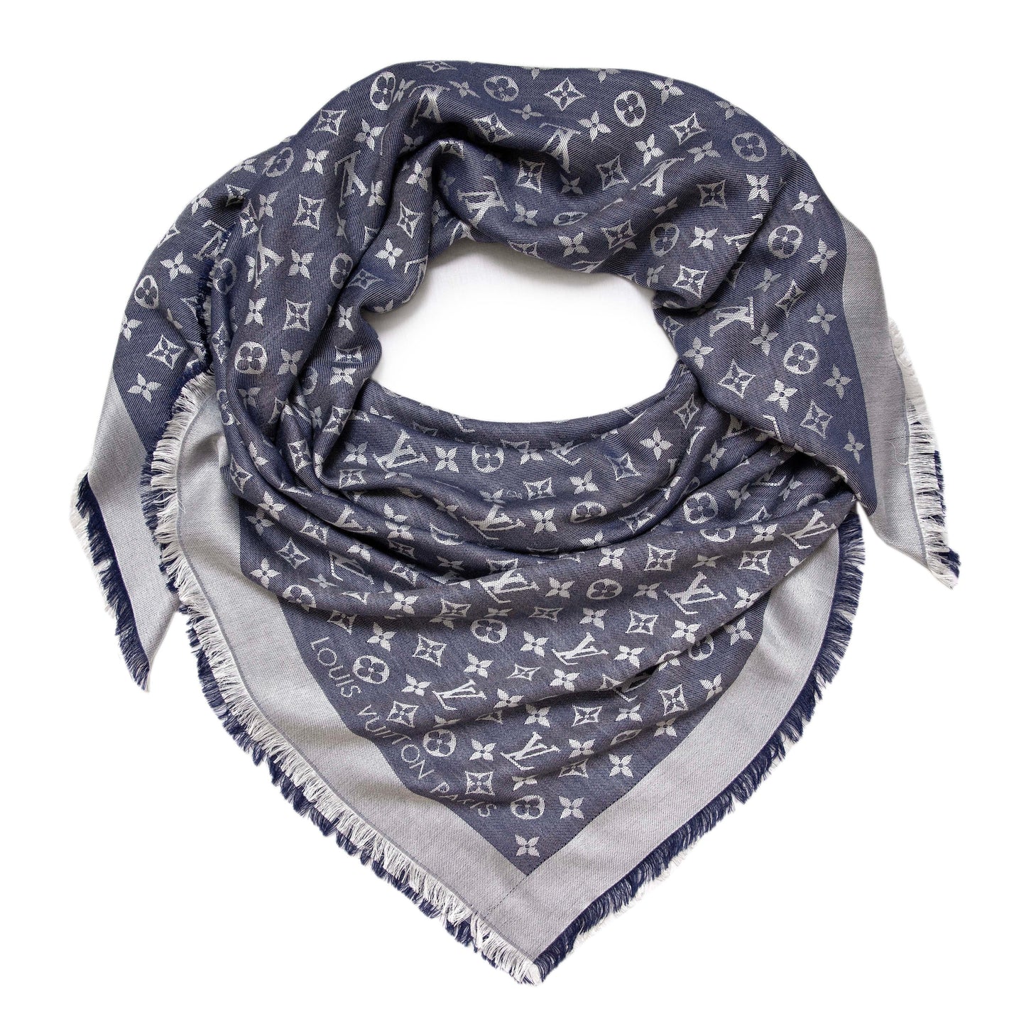Exclusive Louis Vuitton Blue Silk Wool Monogram Denim Shawl — Front View