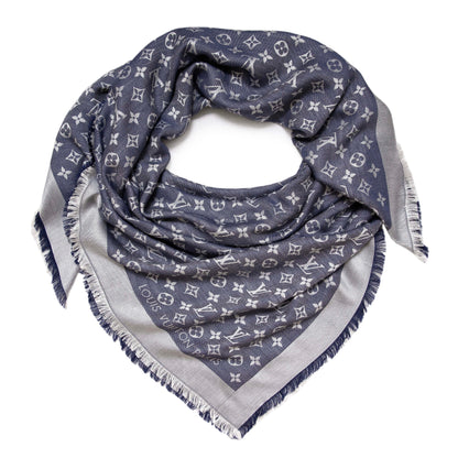 Exclusive Louis Vuitton Blue Silk Wool Monogram Denim Shawl — Front View
