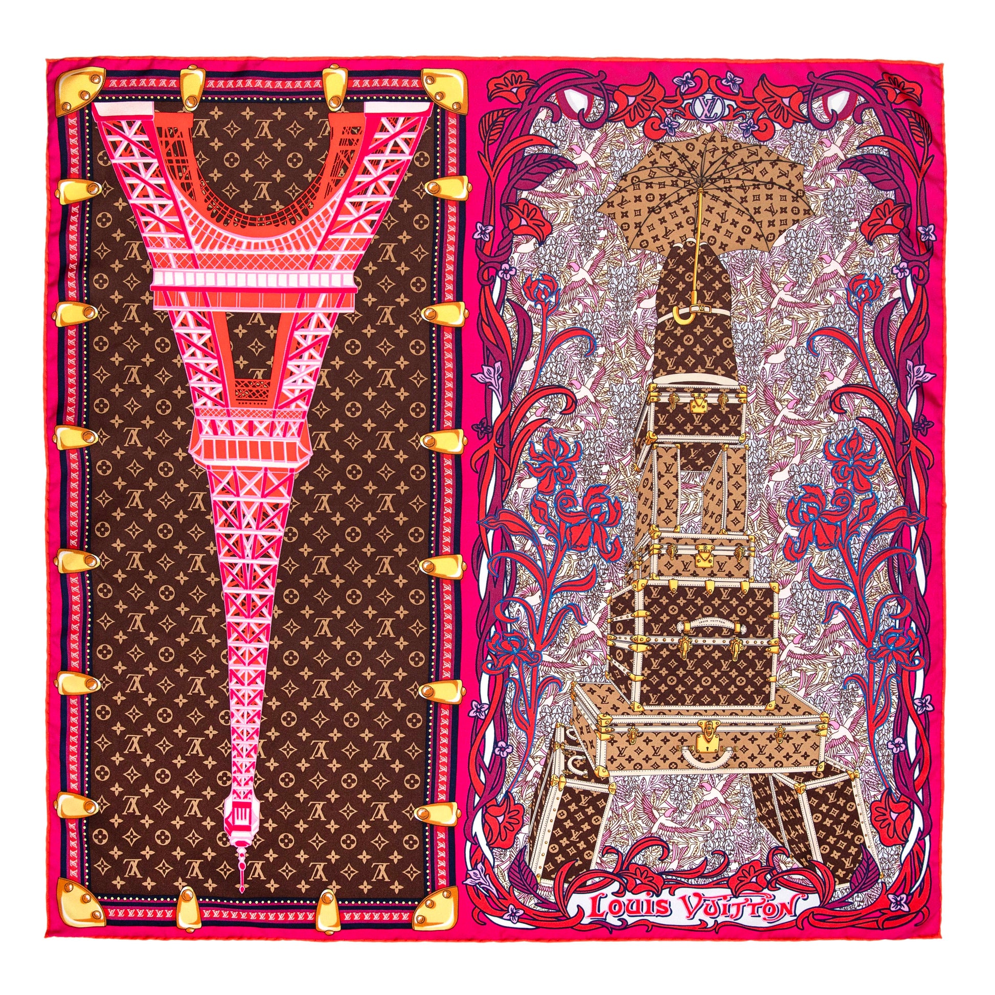 Exclusive Louis Vuitton Fuchsia Silk Louis A Paris Square Scarf — Side View