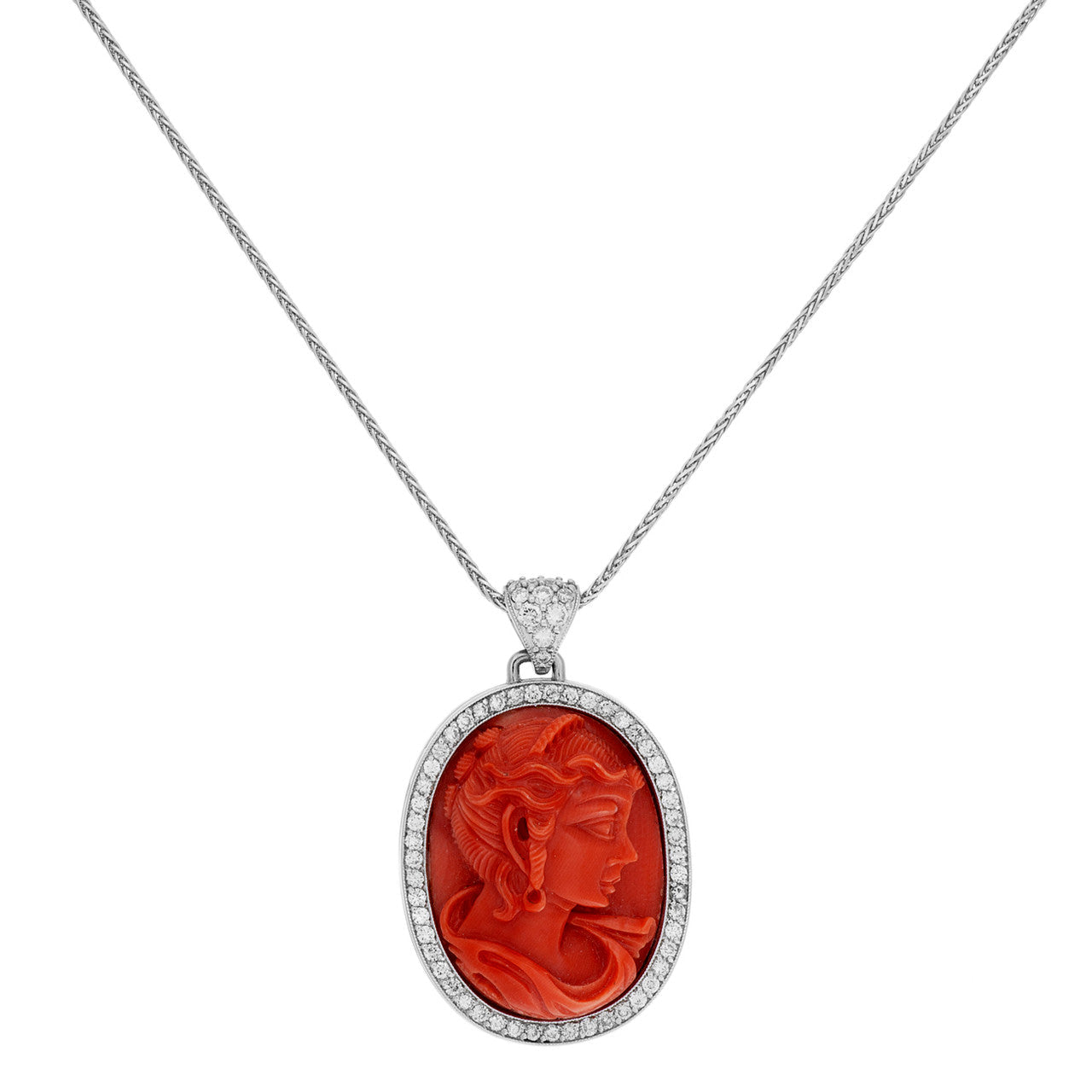Exclusive 18K White Gold Carved Coral Cameo Pendant — Front View