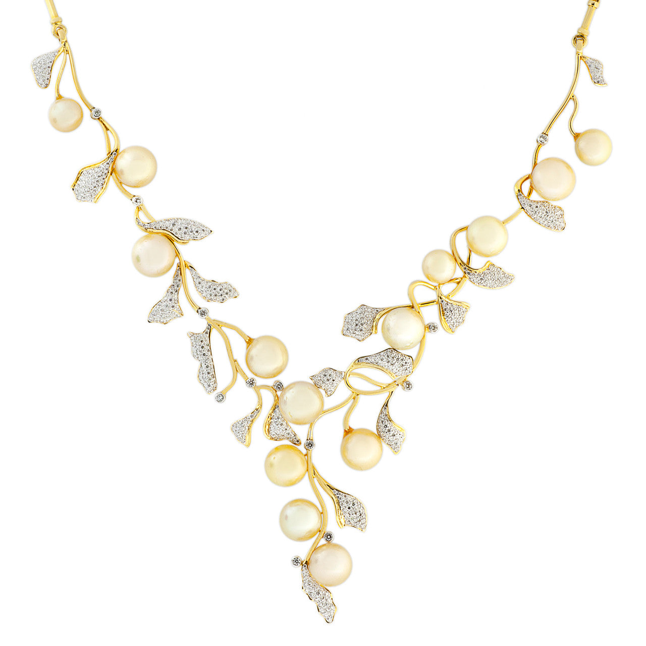 Exclusive 18K Yellow Gold South Sea Pearl 4.26 Carat Pave Diamond Necklace — Front View
