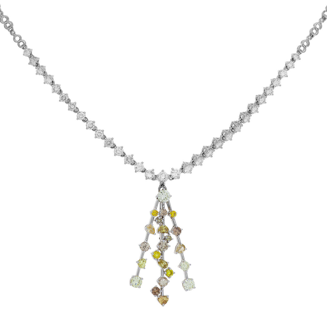 Exclusive 18K White Gold Riviere Necklace w/ Fancy Yellow Diamond Pendant — Front View