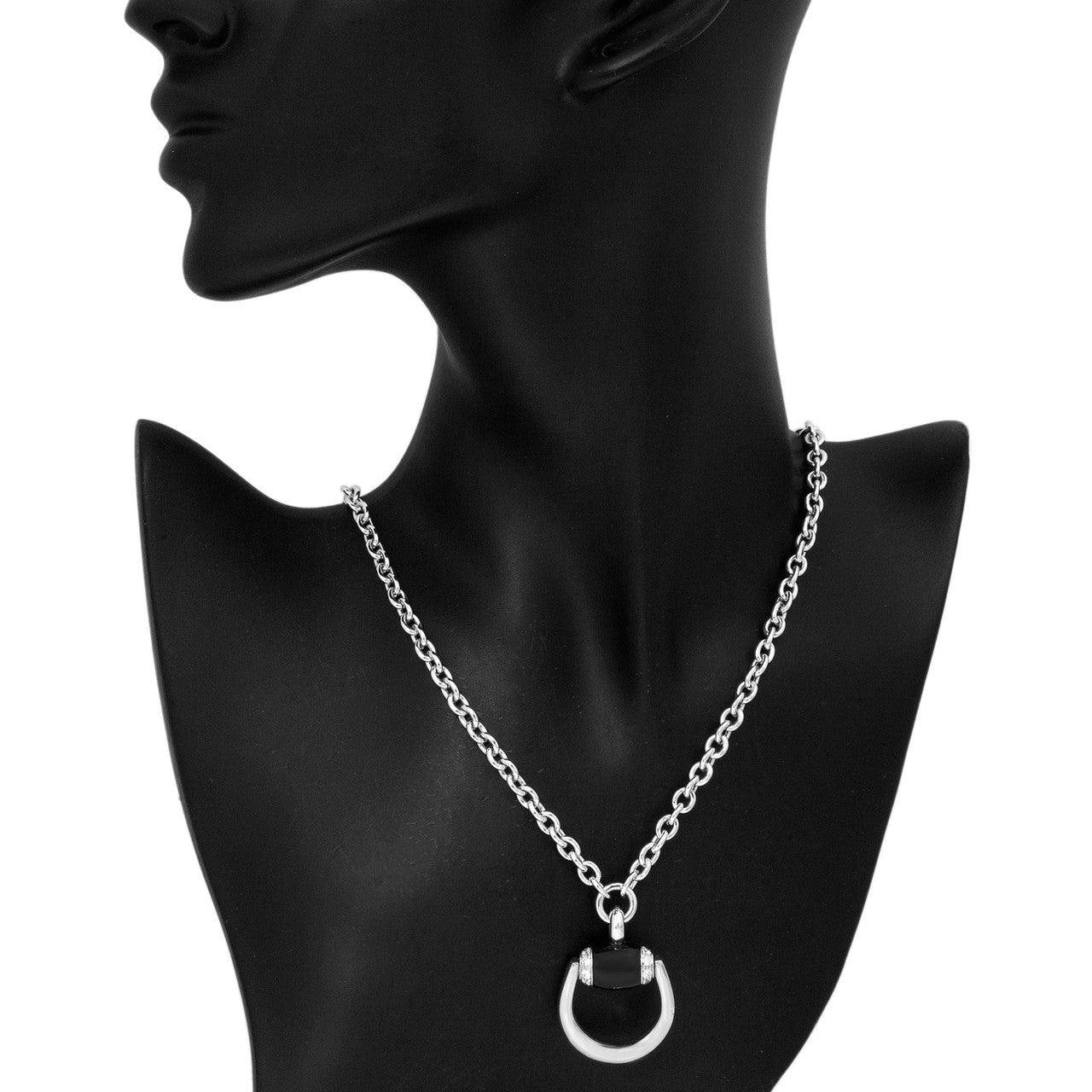 Exclusive Gucci 18K White Gold, Diamond & Onyx Horsebit Pendant Necklace — Back View