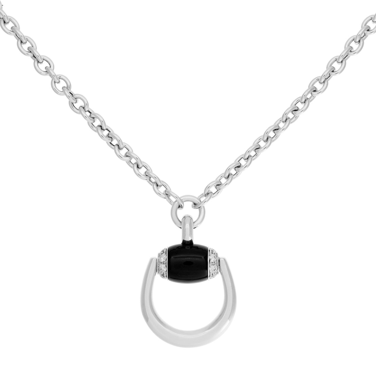 Exclusive Gucci 18K White Gold, Diamond & Onyx Horsebit Pendant Necklace — Front View
