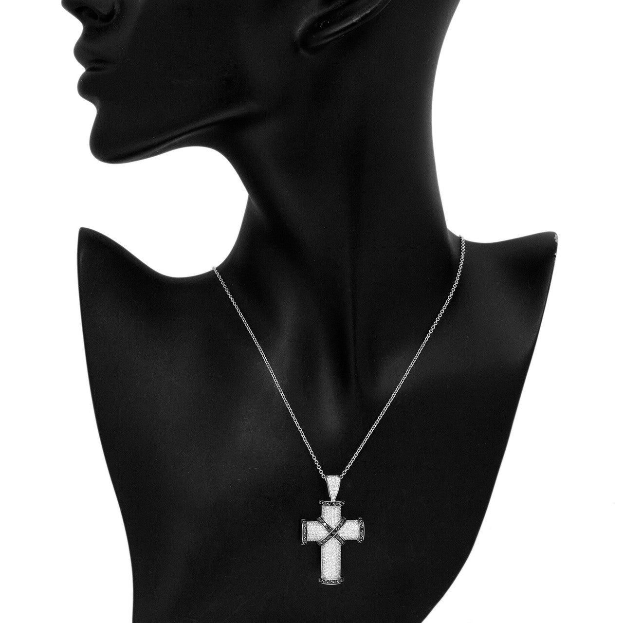 Exclusive 18K White Gold Black & White Diamond Cross Necklace — Detail View