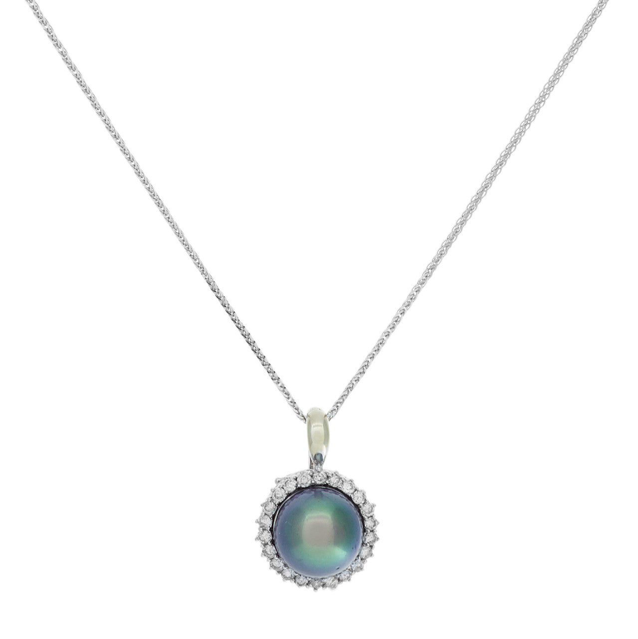 Exclusive 18K White Gold Tahitian Black Pearl Diamond Pendant — Front View