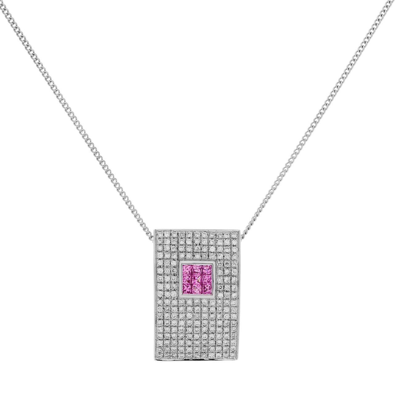 Exclusive 18K White Gold Diamond Pink Sapphire Pendant Necklace — Front View