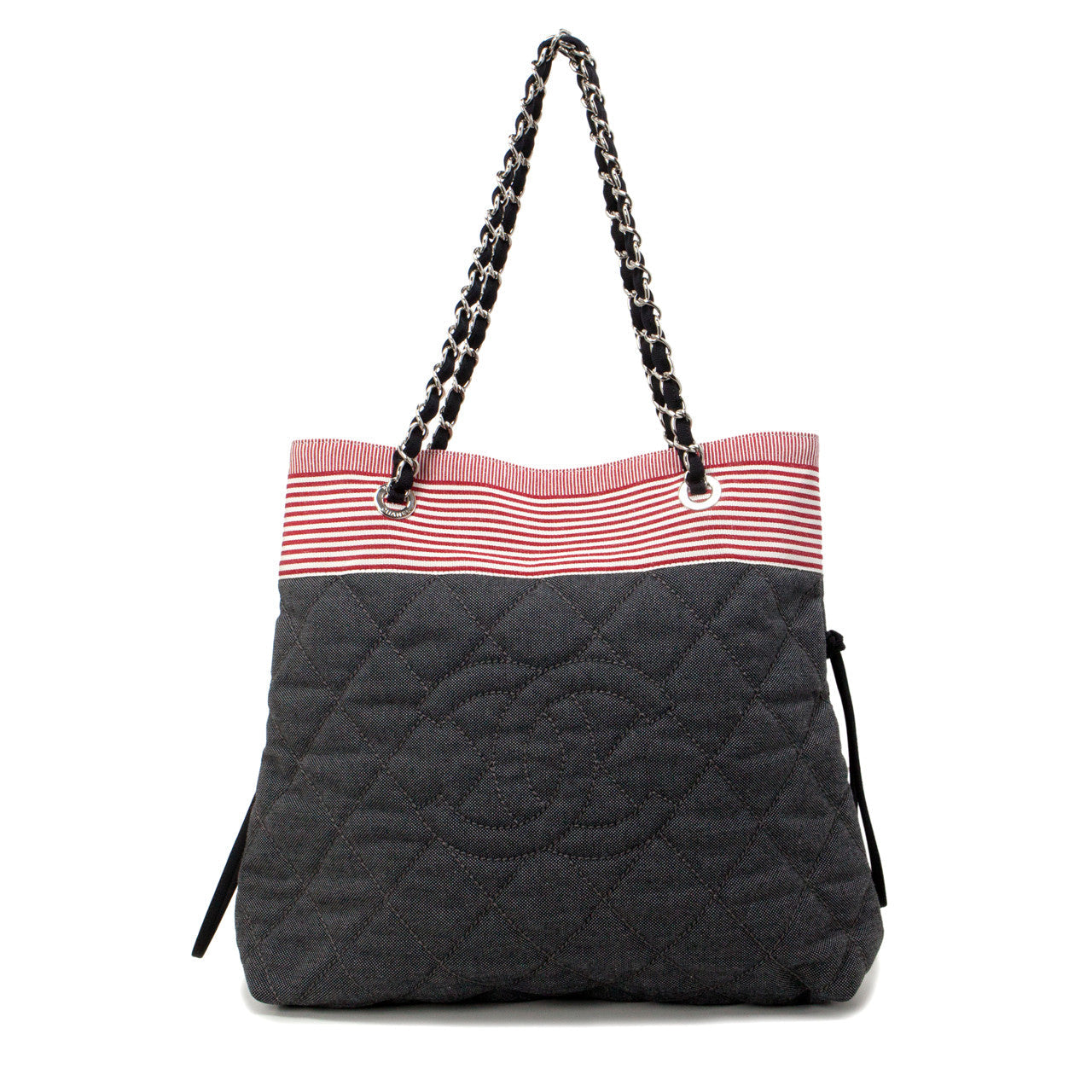 Exclusive Chanel Grey Quilted Grosgrain Denim Drawstring Tote — Front View
