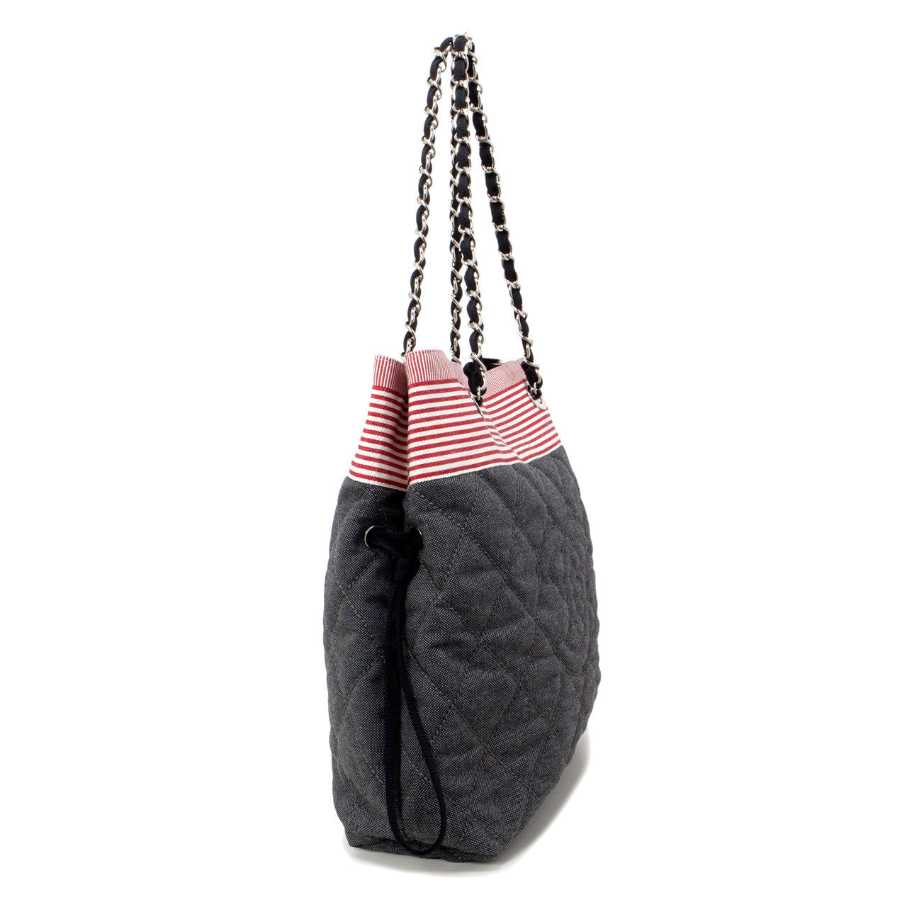 Exclusive Chanel Grey Quilted Grosgrain Denim Drawstring Tote — Side View