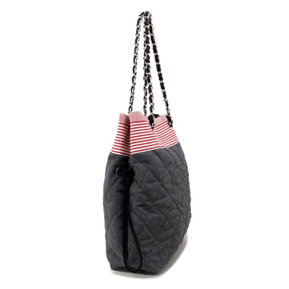 Exclusive Chanel Grey Quilted Grosgrain Denim Drawstring Tote — Side View