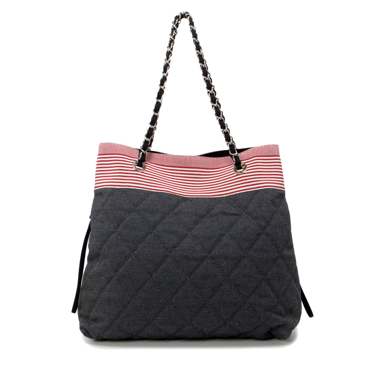 Exclusive Chanel Grey Quilted Grosgrain Denim Drawstring Tote — Lifestyle View