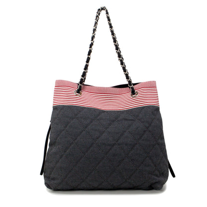 Exclusive Chanel Grey Quilted Grosgrain Denim Drawstring Tote — Lifestyle View