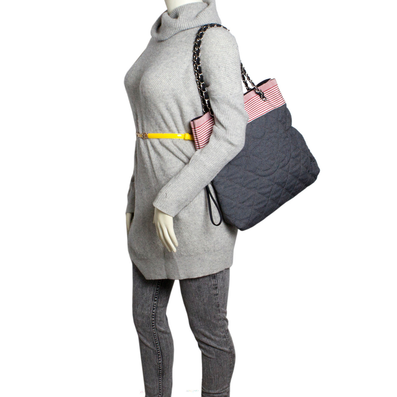Exclusive Chanel Grey Quilted Grosgrain Denim Drawstring Tote — Back View