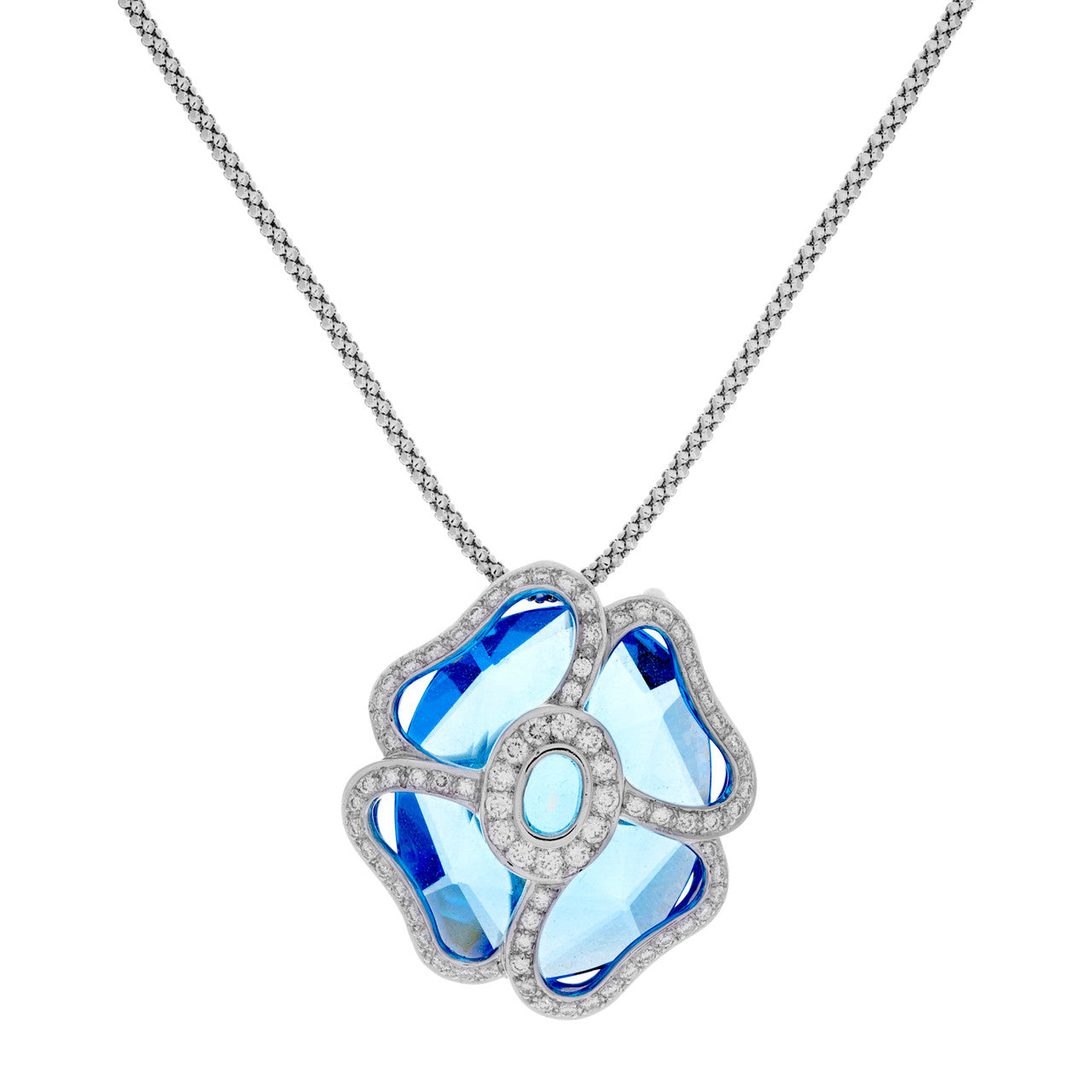Exclusive 18K White Gold Diamond Blue Topaz Blossom Pendant Necklace — Front View