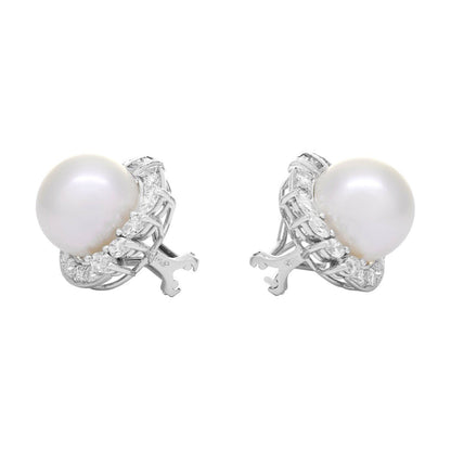 Exclusive 18K White Gold South Sea Pearl 2.10 Carat Diamond Earrings — Side View