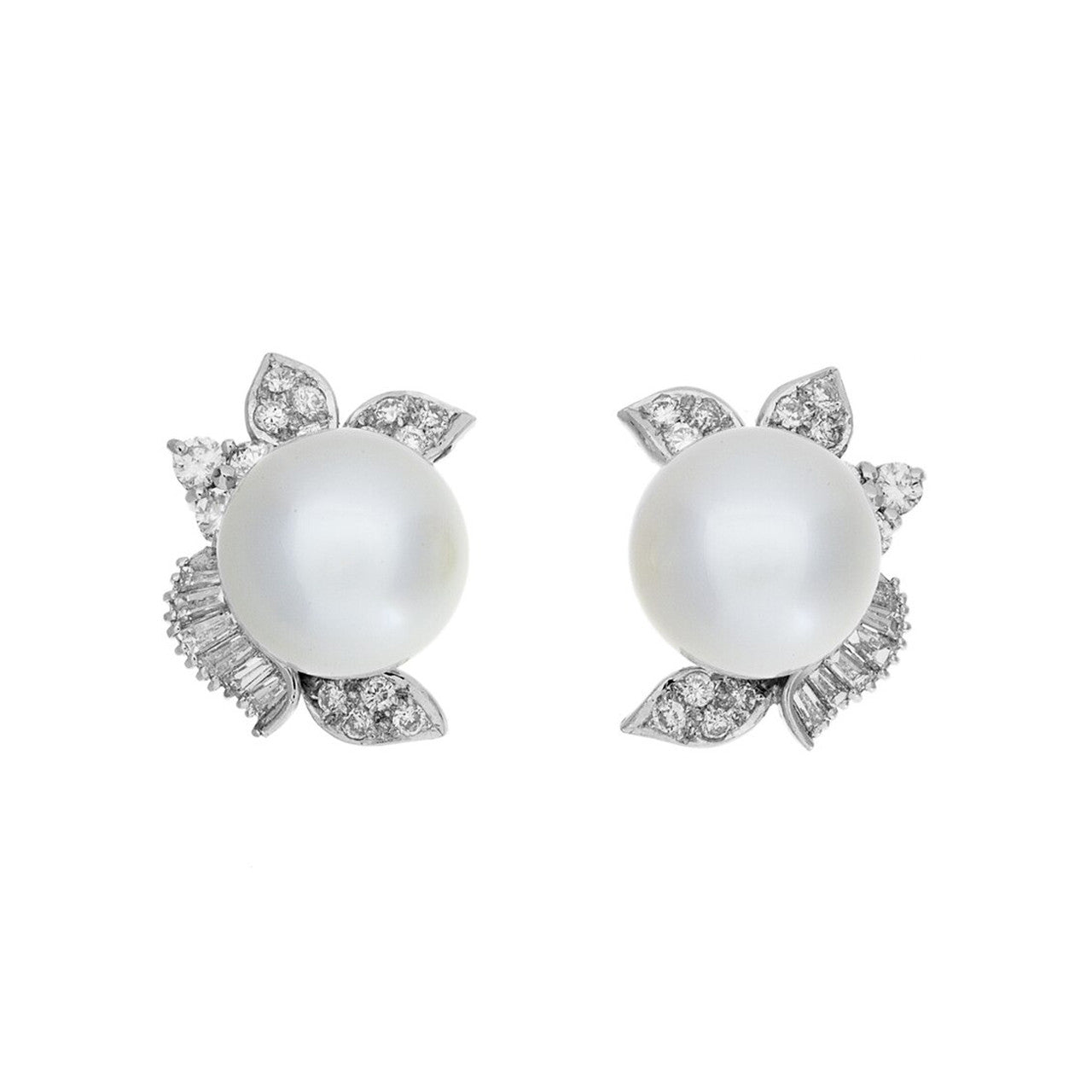 Exclusive 18K White Gold South Sea Pearl Diamond Earrings — Front View