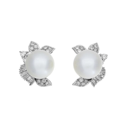 Exclusive 18K White Gold South Sea Pearl Diamond Earrings — Front View
