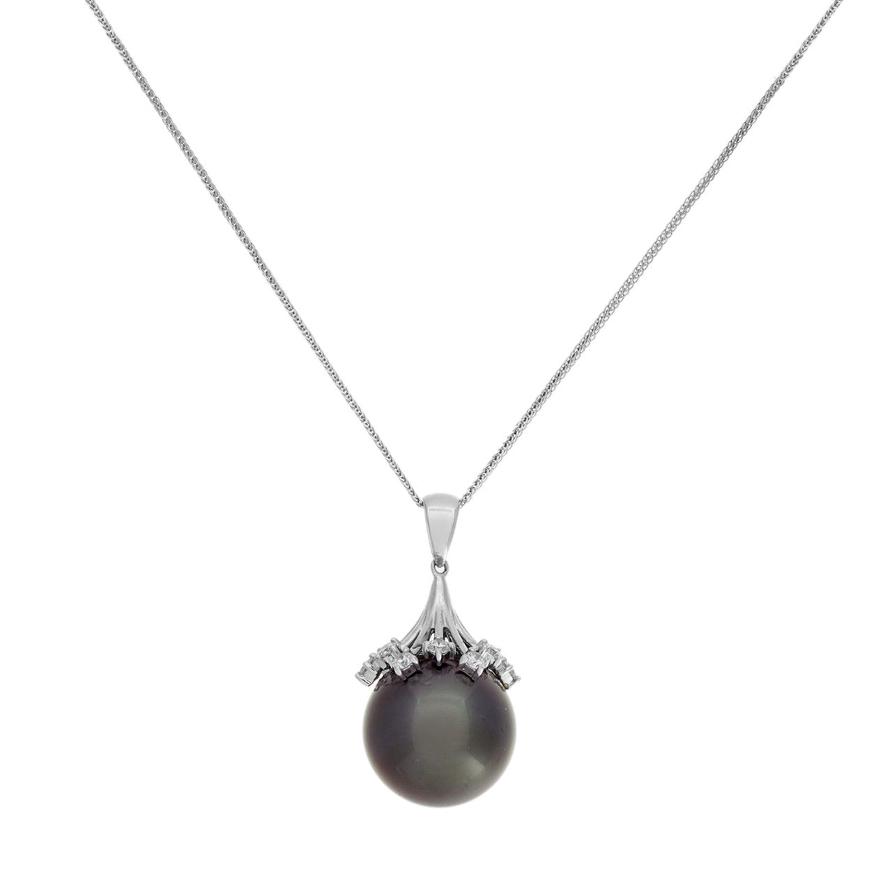 Exclusive 18K White Gold 0.72 Carat Diamond Tahitian Pearl Pendant Necklace — Front View