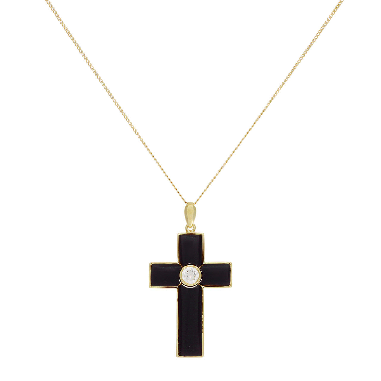 Exclusive 18K Yellow Gold 0.30 Carat Diamond Onyx Cross Pendant — Front View