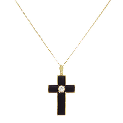 Exclusive 18K Yellow Gold 0.30 Carat Diamond Onyx Cross Pendant — Front View