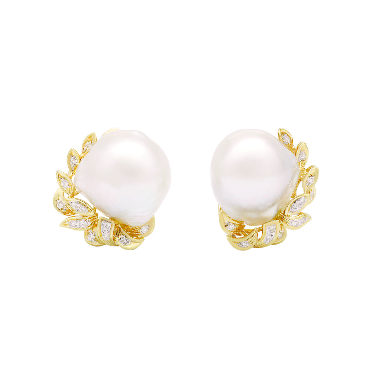 Exclusive 18K Yellow Gold South Sea Pearl 0.28 Carat Diamond Earrings — Front View