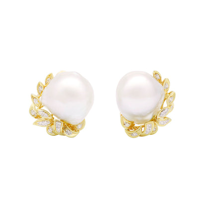 Exclusive 18K Yellow Gold South Sea Pearl 0.28 Carat Diamond Earrings — Front View