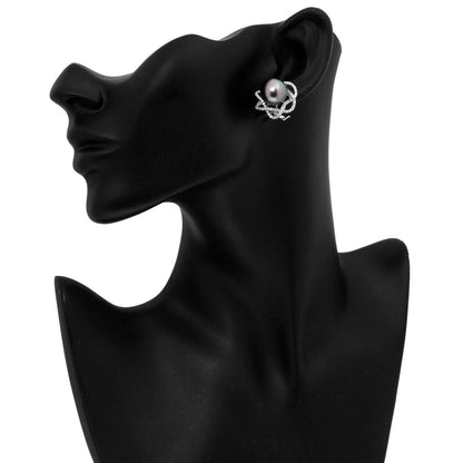 Exclusive 18K White Gold Diamond Framed Tahitian Black Pearl Earrings — Back View