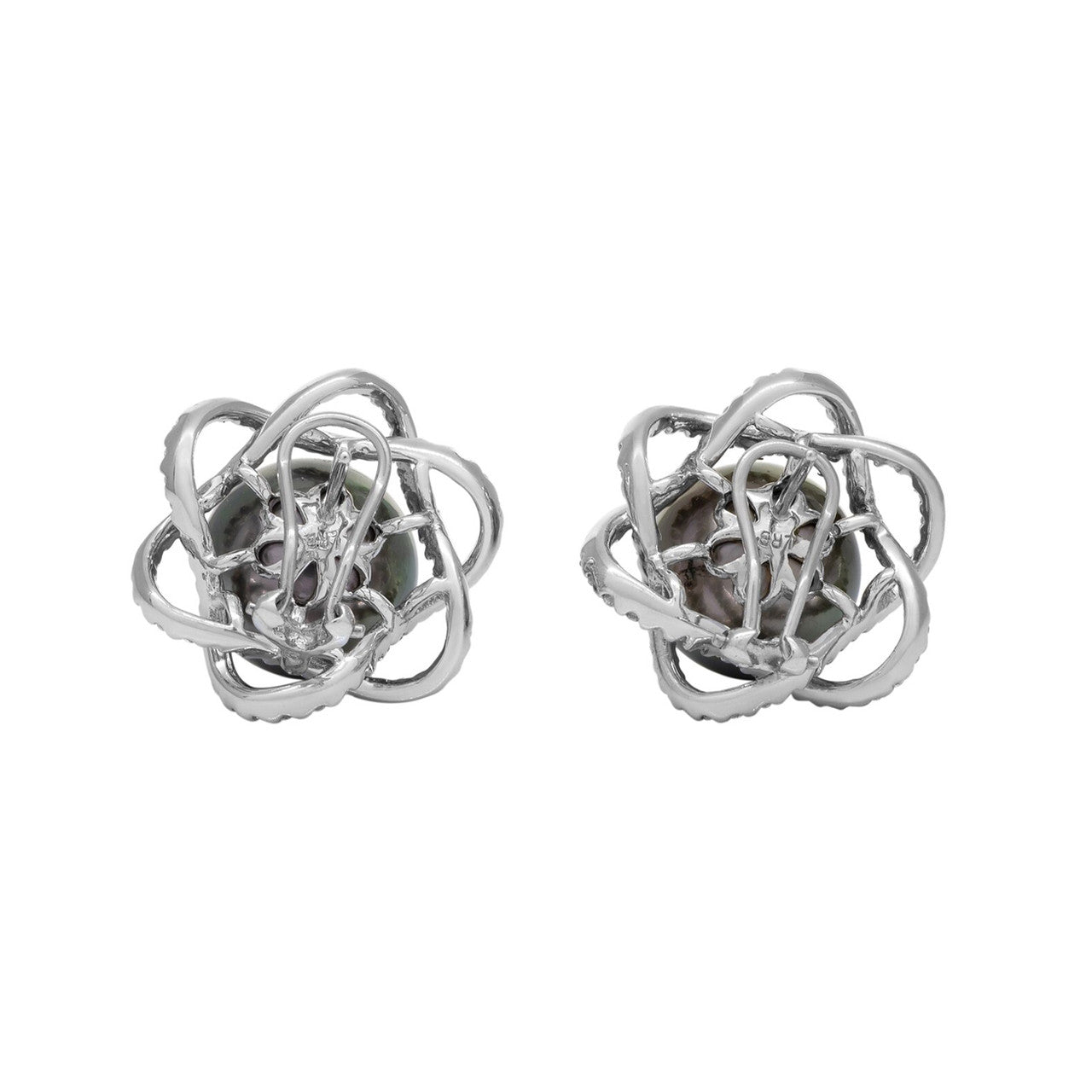 Exclusive 18K White Gold Diamond Framed Tahitian Black Pearl Earrings — Side View