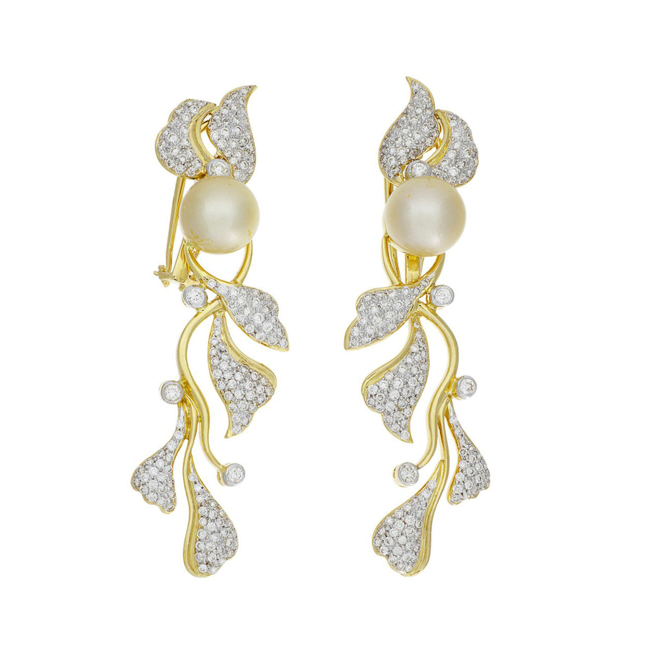 Exclusive 18K Gold Diamond South Sea Pearl Earrings — Front View