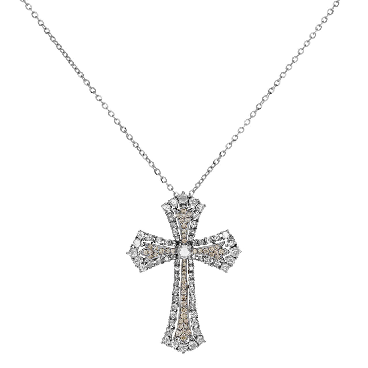 Exclusive 18K White Gold Rose Cut Diamond Cross Pendant — Front View
