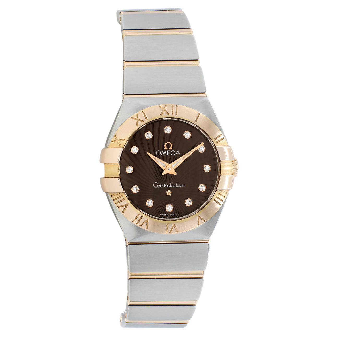 Exclusive Omega Stainless Steel 18K Rose Gold Constellation 123.20.27.60.63.001 — Front View