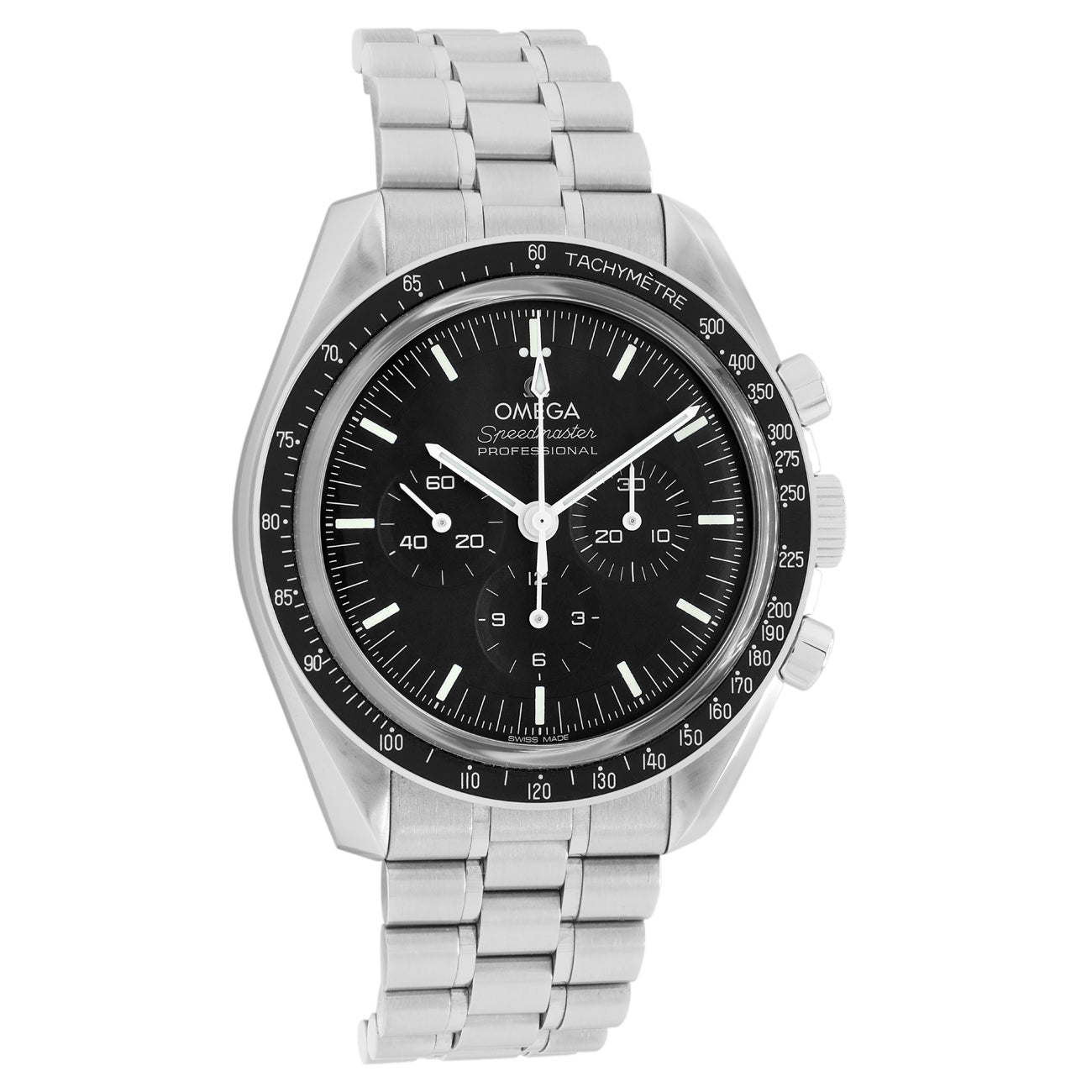 Exclusive Omega Stainless Steel Speedmaster Professional Moonwatch 310.30.42.50.01.002 — Front View