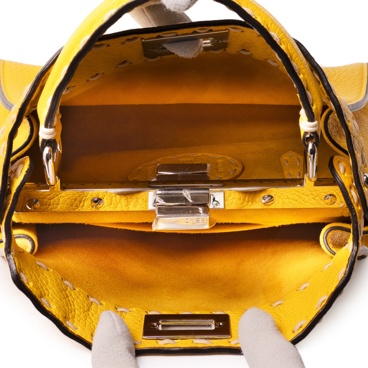 Exclusive Fendi Yellow Cuoio Romano Selleria Mini Peekaboo Iconic Satchel — Top View