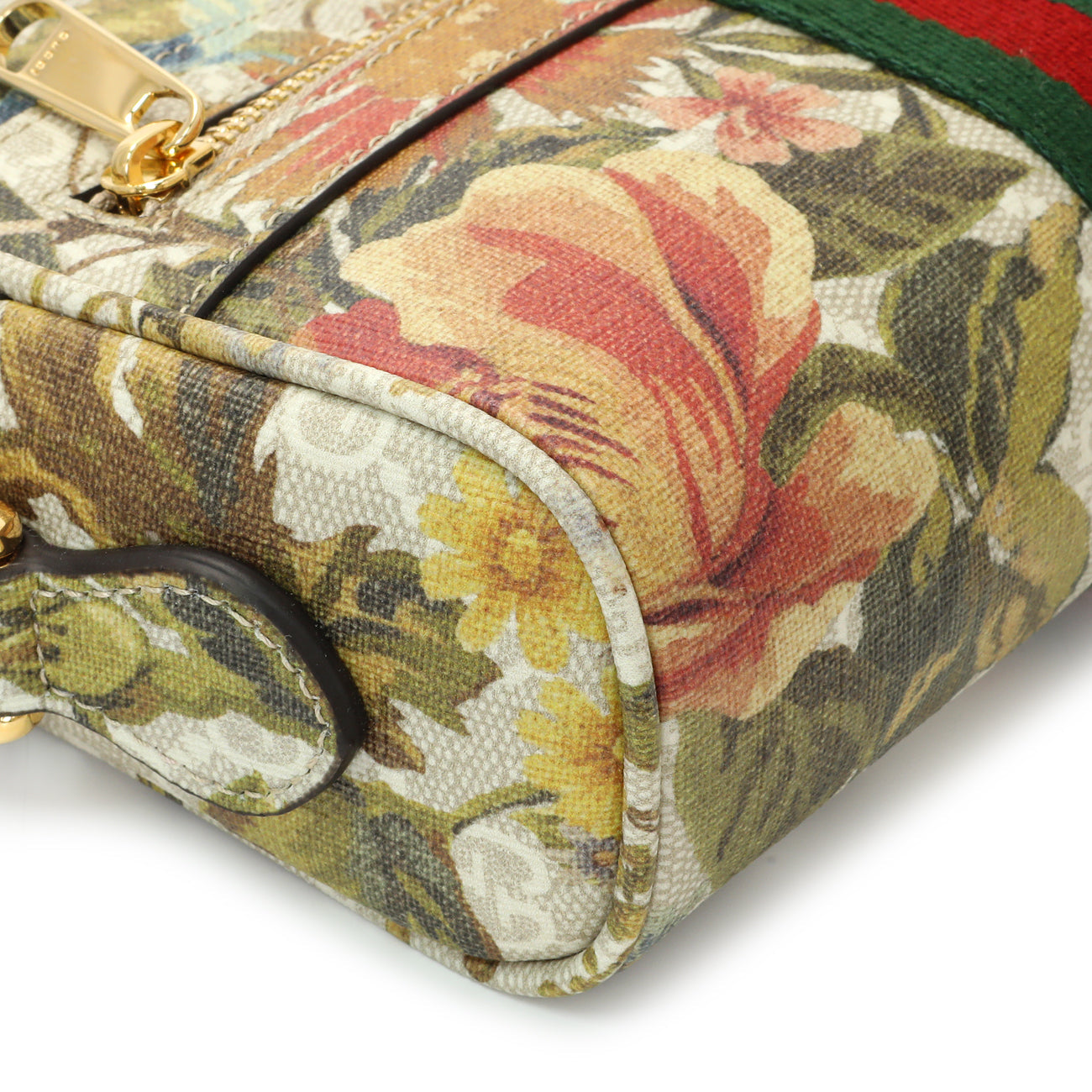 Exclusive Gucci GG Supreme Monogram Water Flora Web Mini Ophidia Shoulder Bag — Detail View
