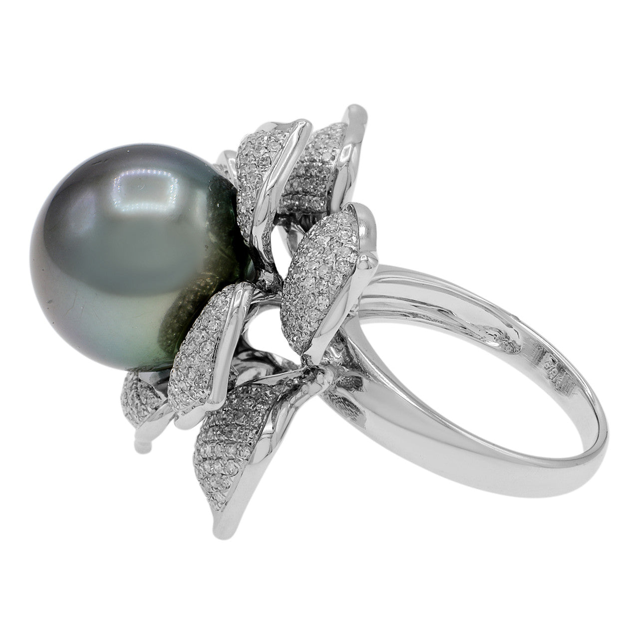 Exclusive 18k White Gold 14.4mm Tahitian Pearl & Diamond Ring — 5.5 — Side View