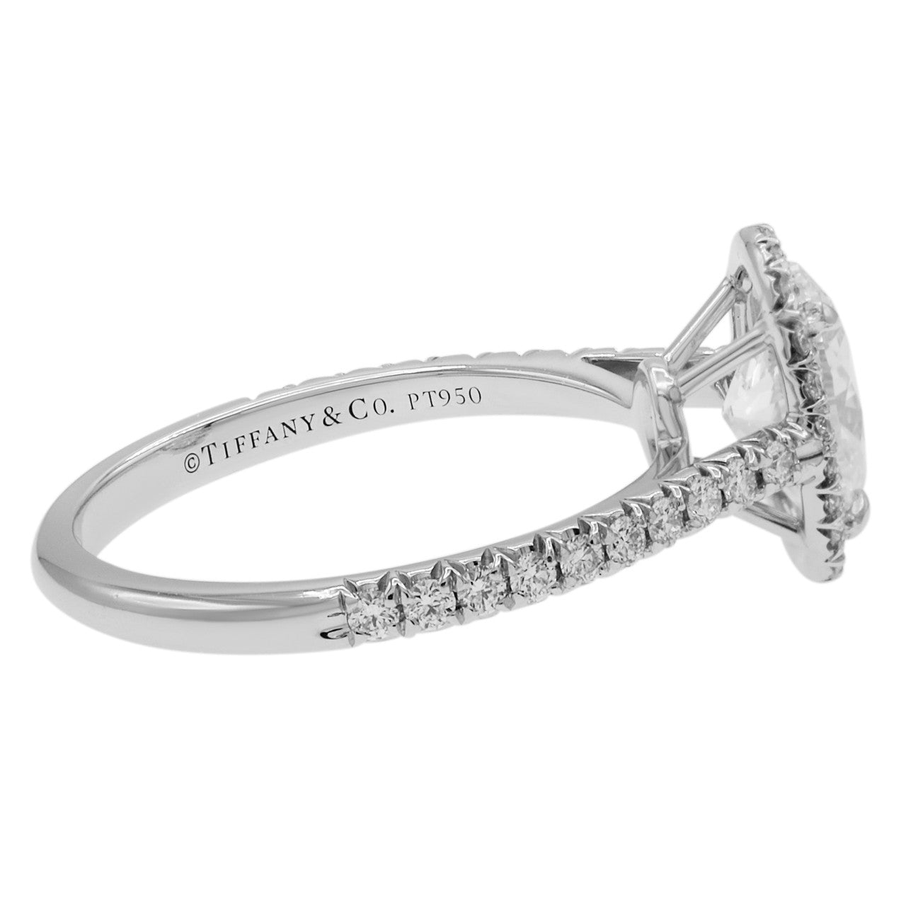 Exclusive Tiffany & Co. Platinum 1.01 Carat Oval Diamond Soleste Halo Engagement Ring — Side View