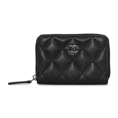 Exclusive Chanel Iridescent Black Quilted Caviar Zip Around Coin Purse — Front View