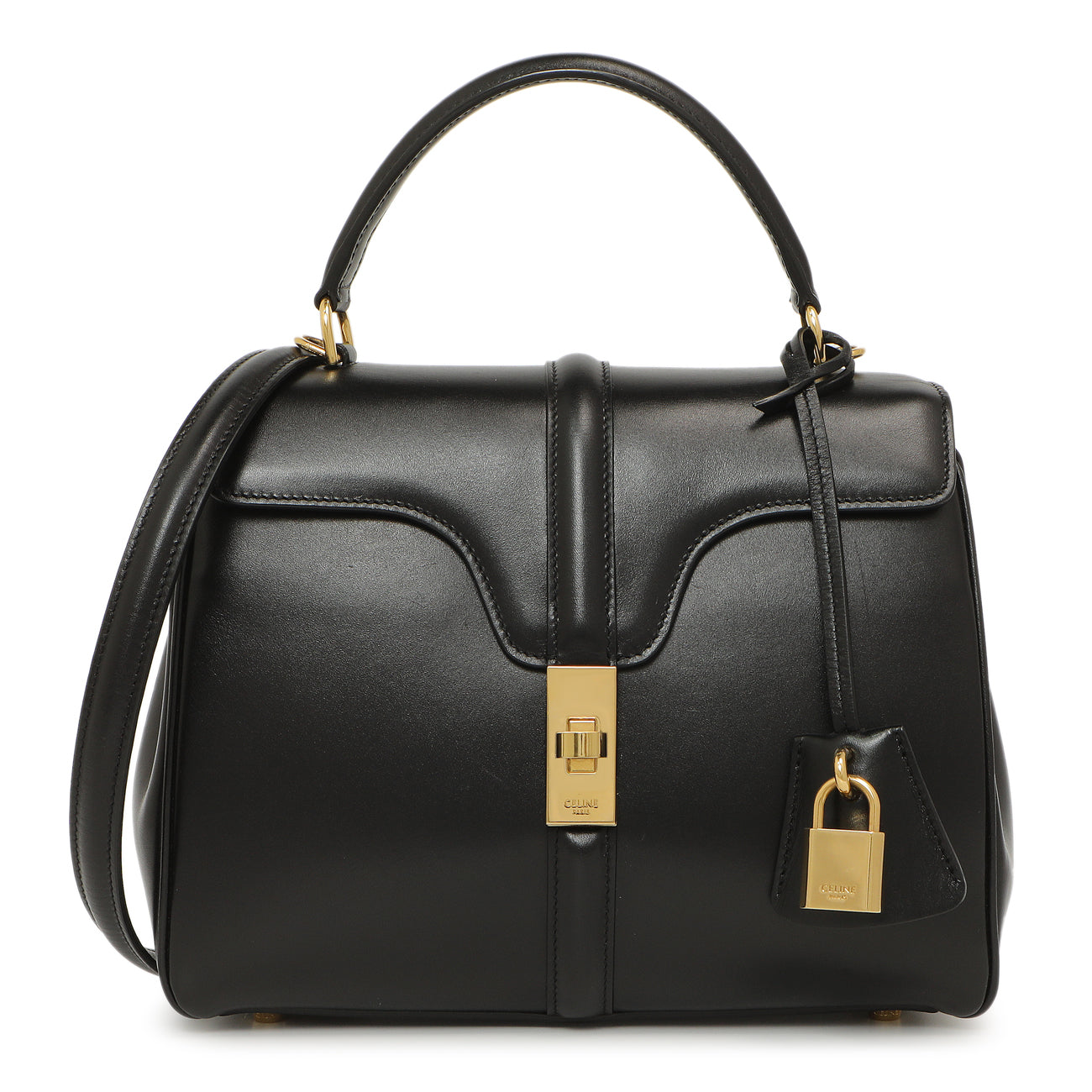 Exclusive Celine Black Calfskin Small 16 Top Handle Bag — Front View