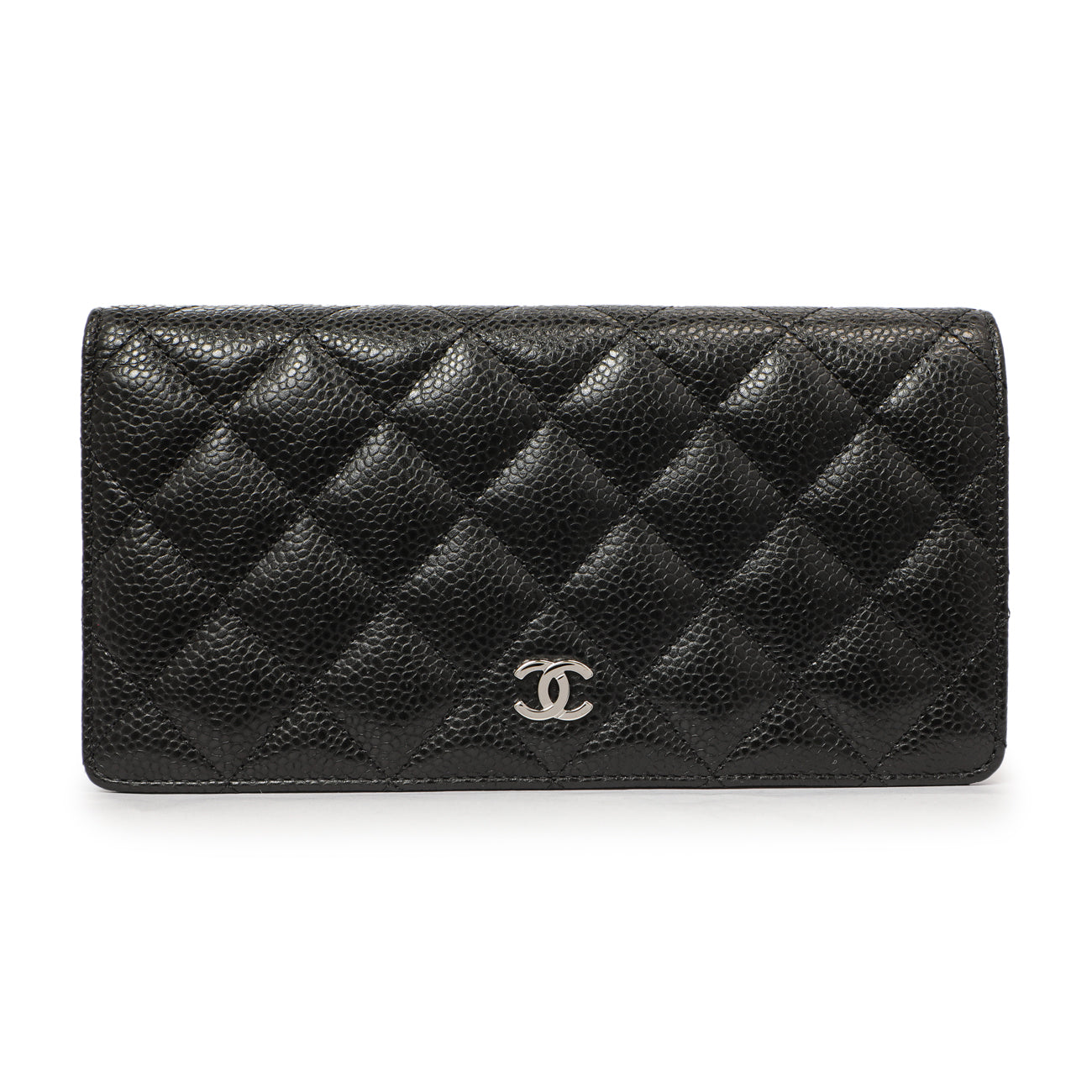Exclusive Chanel Black Quilted Caviar Yen Wallet — Front View