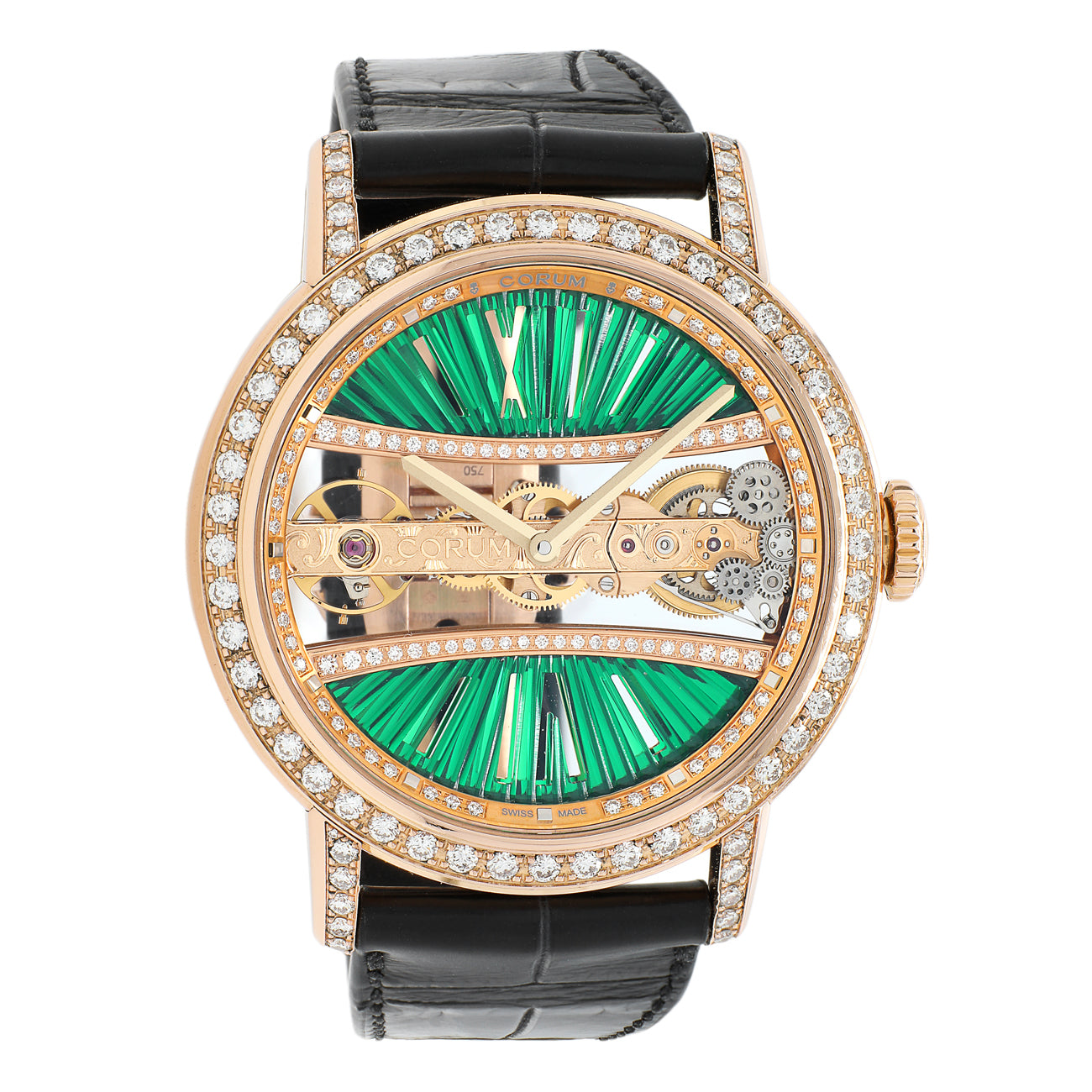 Exclusive Corum 18K Rose Gold Diamond Golden Bridge B113/0392 — Front View
