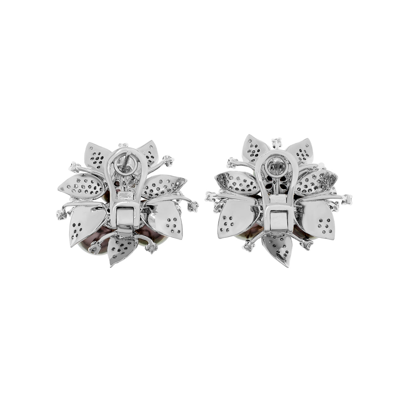 Exclusive 18K White Gold Trefoil Cluster Tahitian Pearl Floral Earrings — Side View