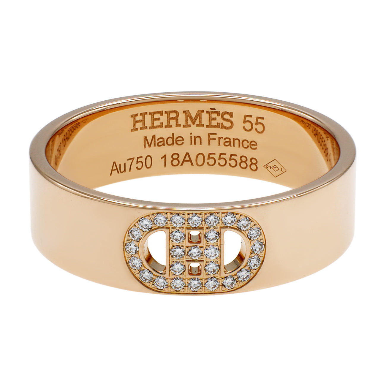 Exclusive Hermes 18K Rose Gold Diamond PM H D'Ancre Ring — Front View