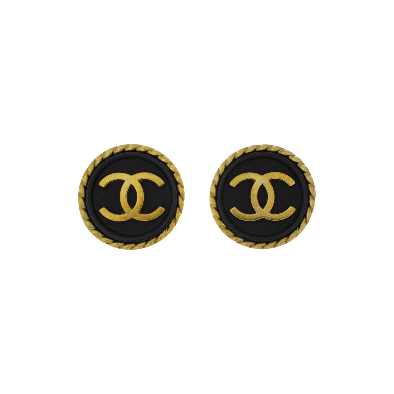 Exclusive Chanel Gold Black CC Clip On Earrings — Front View