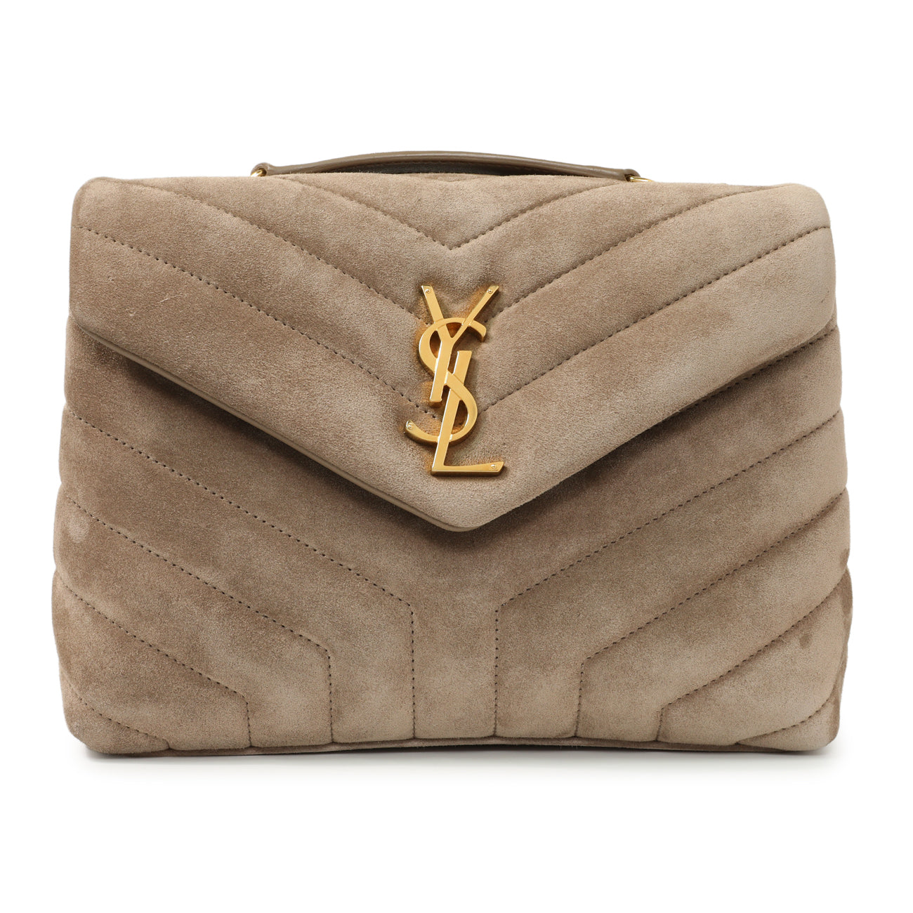 Exclusive Saint Laurent Beige Suede Y Quilted Monogram Small Loulou Chain Satchel — Front View